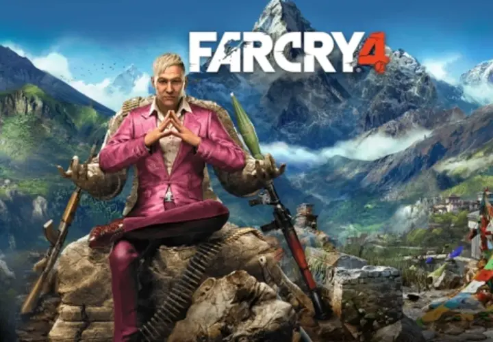 Pagan Min w różowym garniturze siedzi na tronie z kamieni i amunicji, z widokiem na góry Kyrat. Sprawdź Far Cry 4 wymagania.