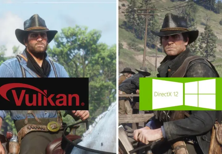 Dwa ujęcia z gry, porównujące Vulkan i DirectX 12. Na lewo logo Vulkan, na prawo logo DirectX 12.