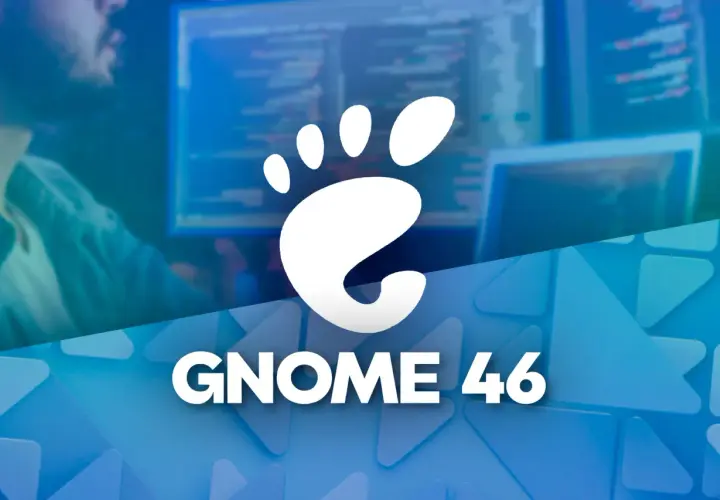 Logo GNOME 46 na tle programisty pracującego przy komputerze.