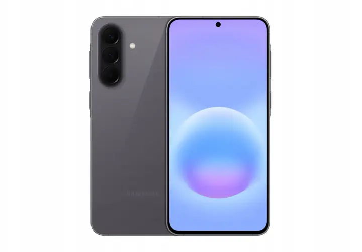 Szary Samsung Galaxy A57 5G z potrójnym aparatem z tyłu i ekranem z kolorowym gradientem.