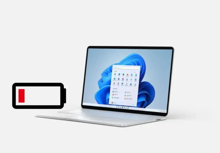Niski poziom baterii na laptopie z Windows 11. Czas na ładowanie, by zapewnić najwyższą wydajność zasilania Windows 11.