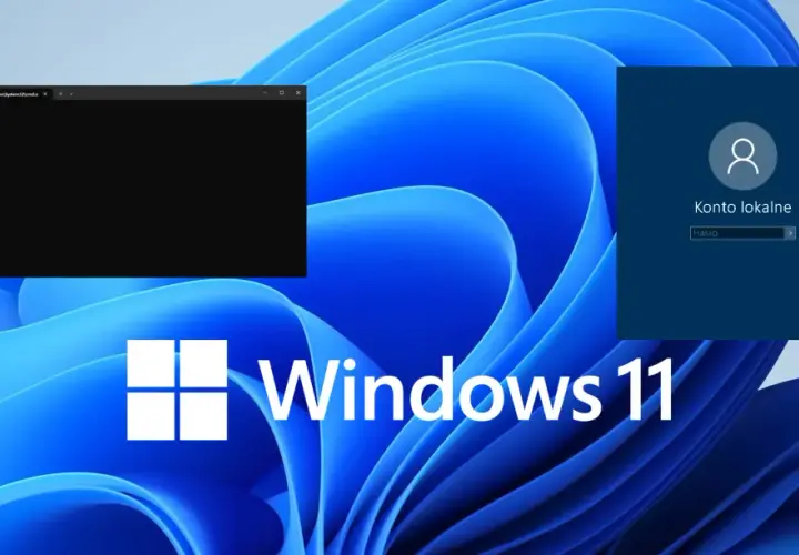 Ekran logowania Windows 11 z polem "Konto lokalne" i otwartym wierszem poleceń.