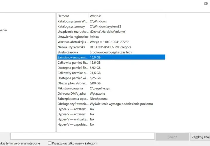 Jak sprawdzić RAM w komputerze? Na ekranie widać okno "Informacje o systemie", gdzie podano, że zainstalowana pamięć RAM wynosi 16,0 GB.