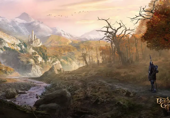 Rycerz w zbroi na tle górskiego krajobrazu z zamkiem. Idealna grafika do sprawdzenia wymagań Baldur's Gate 3.