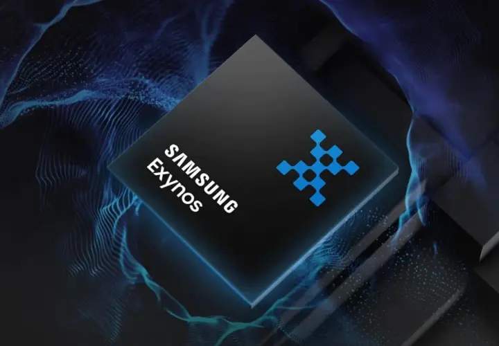 Nowy procesor Samsung Exynos 2400, symbolizujący przyszłość technologii mobilnych, otoczony niebieskimi falami danych.