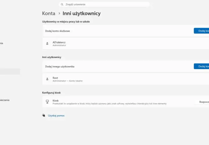 Ekran ustawień konta Windows 11 z opcjami dodawania i zarządzania użytkownikami.