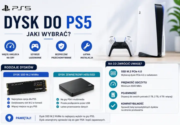 Poradnik wyboru dysku do PS5: SSD M.2 NVMe dla najlepszych wrażeń z gier, szybkie ładowanie i więcej miejsca.
