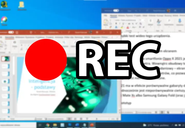 Jak nagrać ekran na komputerze? Widok pulpitu z otwartymi oknami programów i dużym napisem "REC" sugeruje nagrywanie.