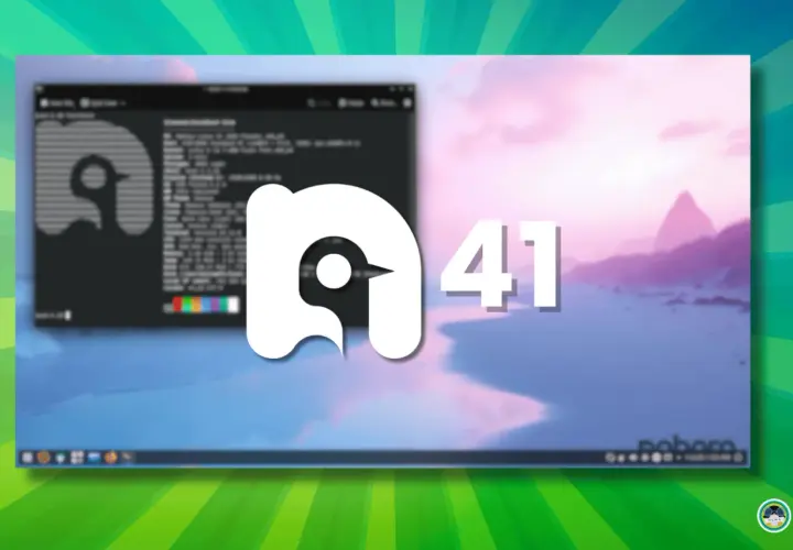 Logo Nobara OS 41 na tle zachodu słońca nad plażą. Widoczny terminal z informacjami o systemie.