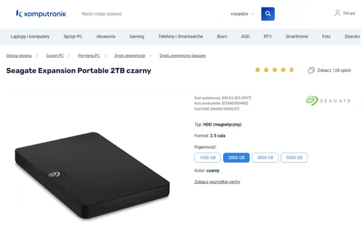 Czarny, przenośny dysk Seagate Expansion Portable 2TB HDD, idealny do przechowywania danych.
