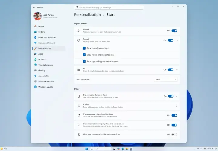 Ustawienia personalizacji menu Start: opcje układu, ostatnie elementy, rozmiar menu.