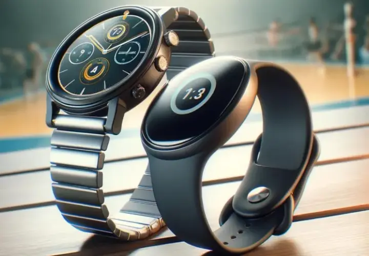 Elegancki smartwatch z metalową bransoletą i sportowy smartband obok siebie. Który wybierzesz na trening?