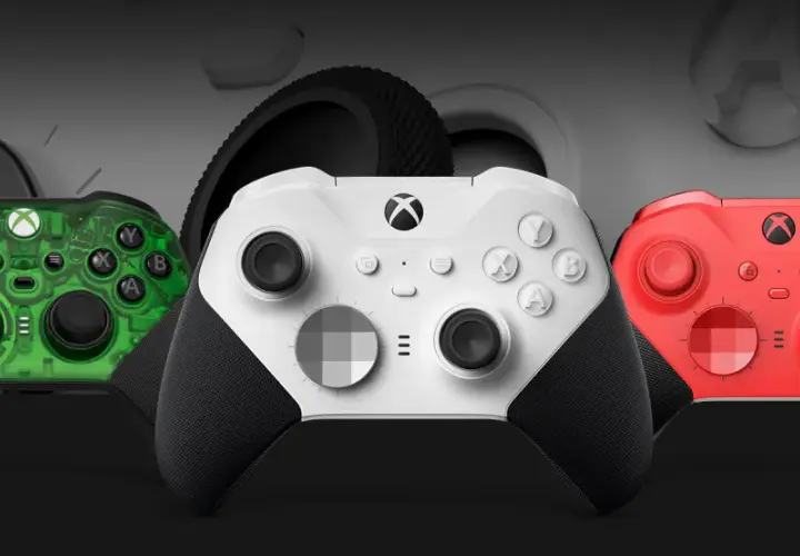Trzy kontrolery Xbox Elite Series 3 w kolorach zielonym, białym i czerwonym, gotowe do gry.