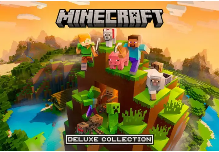 Postać Steve'a, Alex, świni, owcy, psa i potworów na tle krajobrazu Minecraft. Sprawdź, czy Twój komputer spełnia wymagania Minecraft.