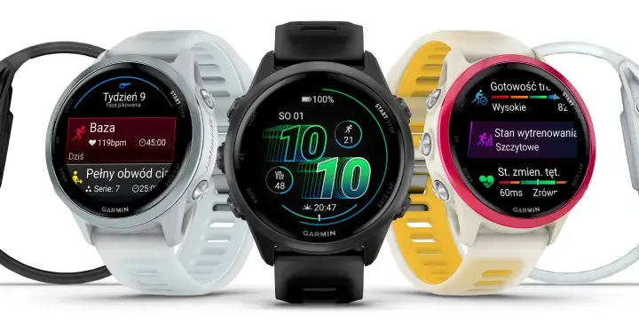 Zegarki Garmin Forerunner 570 w różnych kolorach: czarny, jasnoszary, czarny, kremowo-żółty i biały.