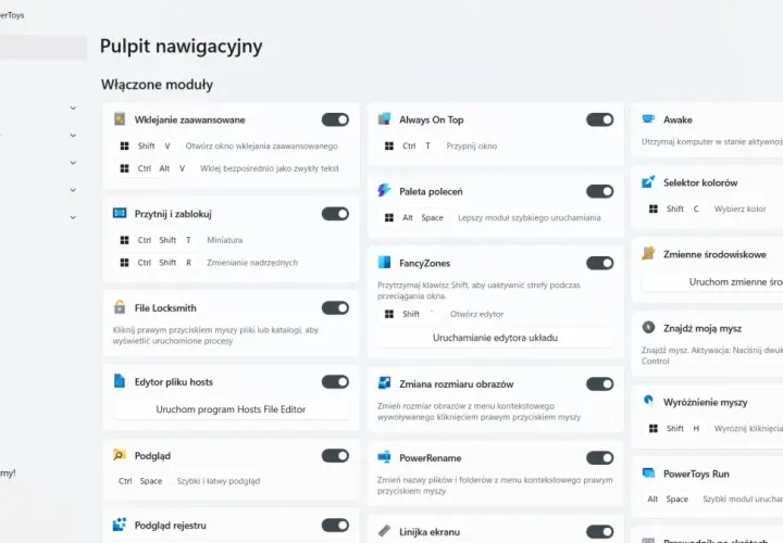 Ustawienia PowerToys z modułami, jak Paleta poleceń, FancyZones i PowerToys Run, usprawniające pracę w stylu windows 11 lite.