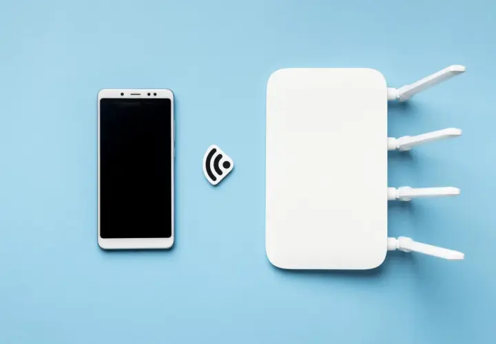 Smartfon i router Wi-Fi obok symbolu sieci. Dowiedz się, jak udostępnić internet z telefonu.