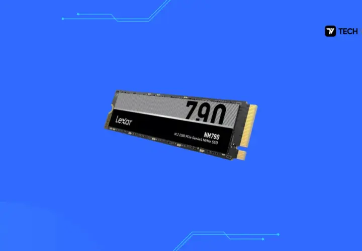 Dysk Lexar NM790 M.2 2280 PCIe Gen4x4 NVMe SSD, jeden z nowoczesnych rodzajów dysków SSD, prezentowany na niebieskim tle.