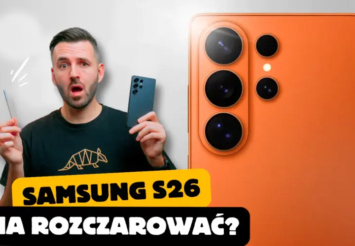 Zaskoczony mężczyzna trzymający rysik obok telefonu z systemem Android. Czy Samsung S26 rozczaruje?