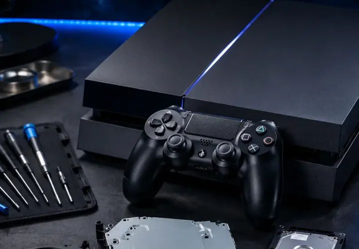 Konsola PS4 z kontrolerem i narzędziami do naprawy. Zastanawiasz się, ile lat ma PS4?