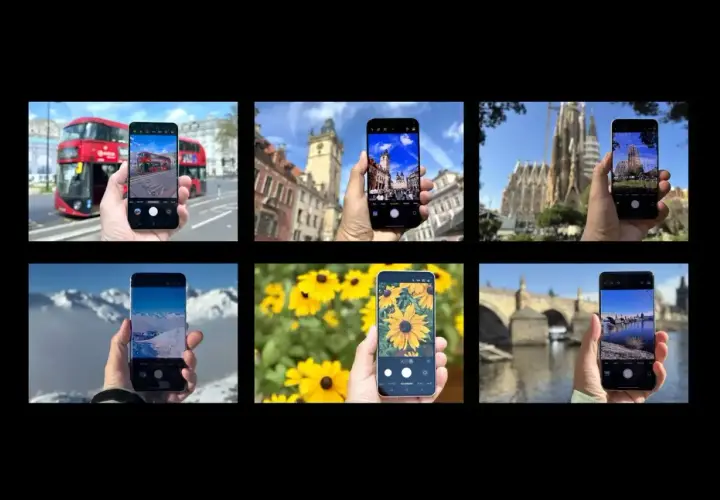 Sześć zdjęć pokazujących, który telefon ma najlepszy aparat: Londyn, Praga, Barcelona, góry, słoneczniki, most.