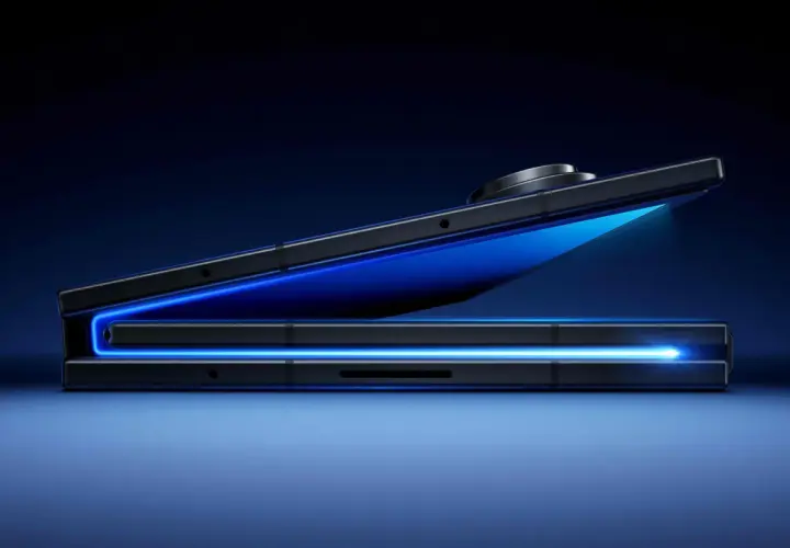Czarne, częściowo otwarte urządzenie Samsung Galaxy Z Trifold z niebieskim podświetleniem.