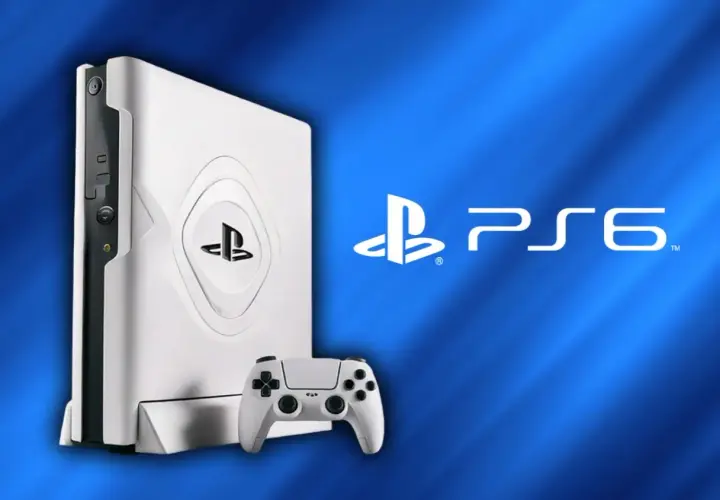 Biała konsola PlayStation 6 z kontrolerem na niebieskim tle.