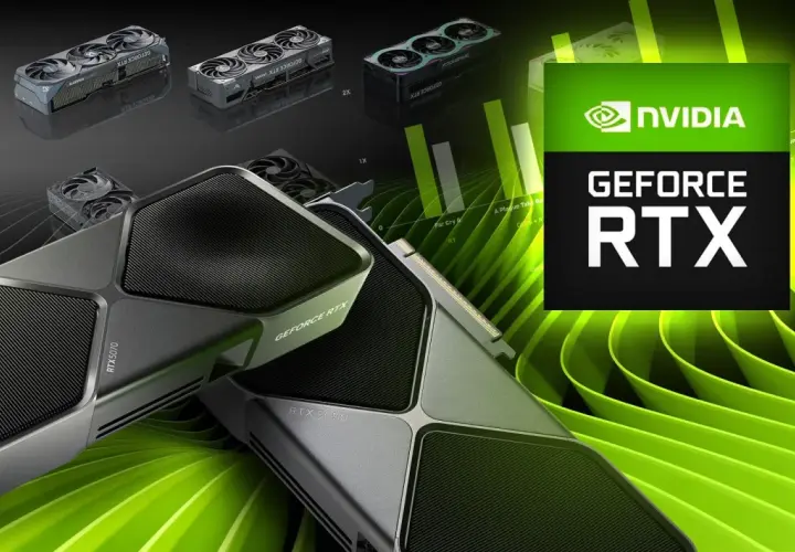 Karty graficzne RTX 5000 series: RTX 5070 i RTX 5090, obok mniejszych modeli i logo NVIDIA.