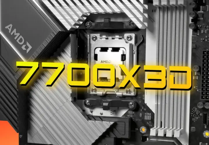 Najnowszy procesor AMD Ryzen 7 7700X3D zamontowany na płycie głównej, gotowy do pracy.