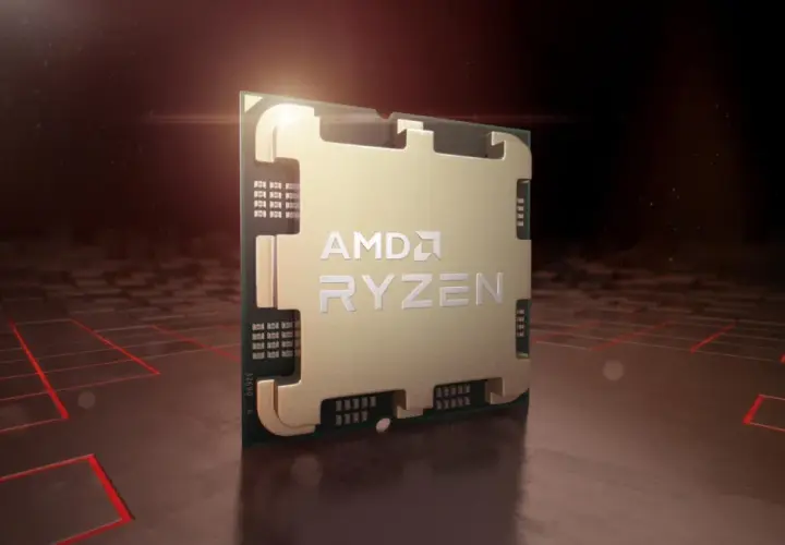 Złoty procesor AMD Ryzen 8700G z logo AMD Ryzen na tle futurystycznej, czerwonej siatki.
