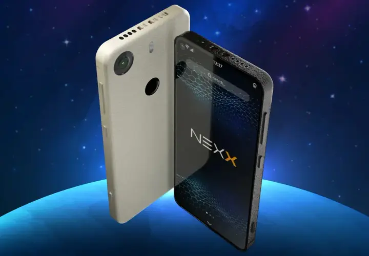 Dwa telefony, jeden z tyłu z aparatem i czarnym kółkiem, drugi z przodu z ekranem i logo NEXX. To telefon z linuxem.