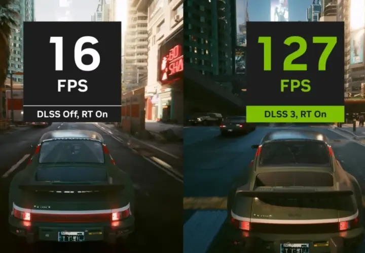 Porównanie gry z path tracing: 16 FPS bez DLSS vs 127 FPS z DLSS 3. Widok zza zielonego Porsche w neonowym mieście.