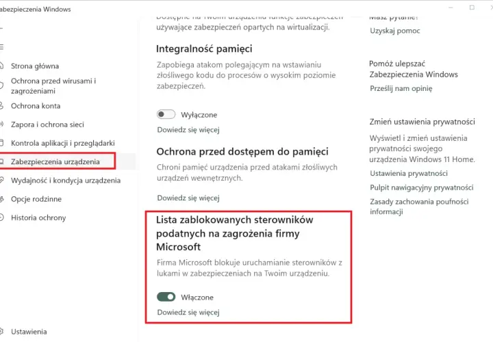 Zabezpieczenia urządzenia w Windows 11: integralność pamięci, ochrona przed dostępem do pamięci i lista zablokowanych sterowników.