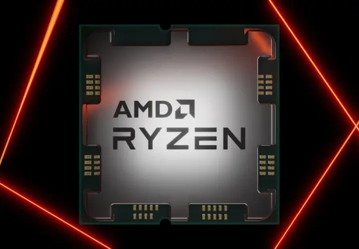 Procesor AMD Ryzen z technologią zen 5, otoczony neonowymi liniami.