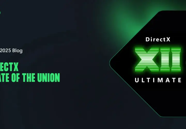 GDC 2025 Blog: DirectX State of the Union. Zielony napis DirectX XII ULTIMATE na ciemnym tle.