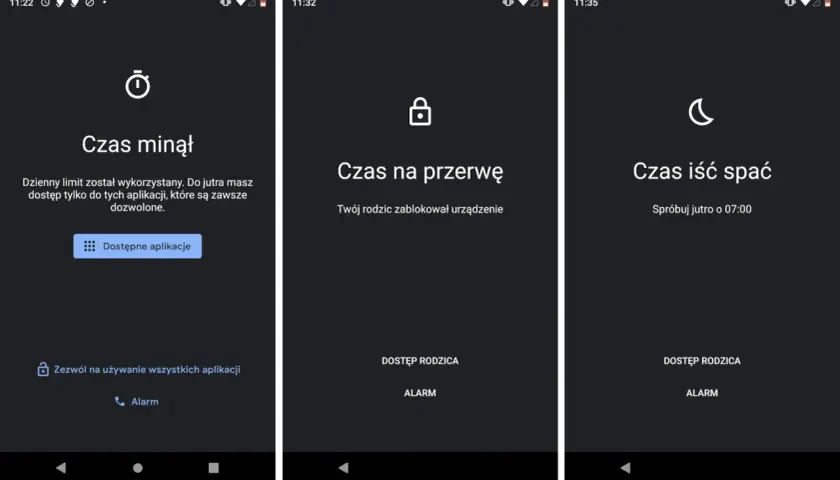 Family Link nie blokuje telefonu dziecka, ale zarządza czasem. Ekran pokazuje limity: "Czas minął", "Czas na przerwę" i "Czas iść spać".
