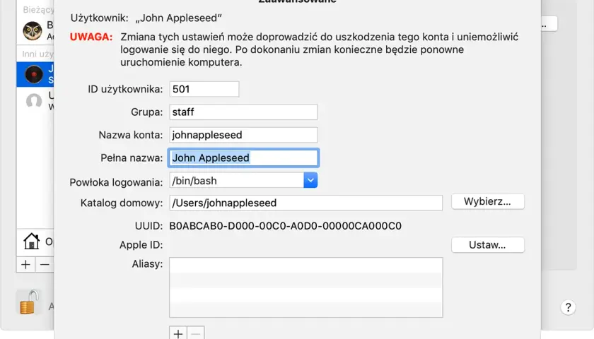 Okno "Zaawansowane" z informacjami o użytkowniku "John Appleseed". Pokazuje, jak sprawdzić nazwę komputera, ID, grupę i inne szczegóły konta.