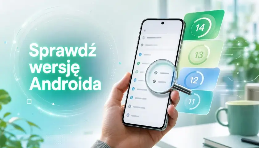 Dłoń trzyma smartfon z listą ustawień, powiększoną lupą. Obok widoczne są kolejne wersje Androida: 11, 12, 13 i 14.