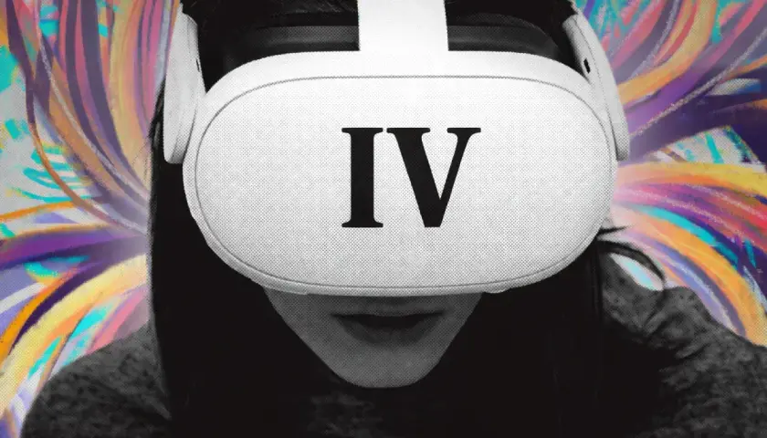 Osoba w goglach VR z rzymską cyfrą IV na froncie, otoczona psychodelicznym tłem. To jej czwarty quest.