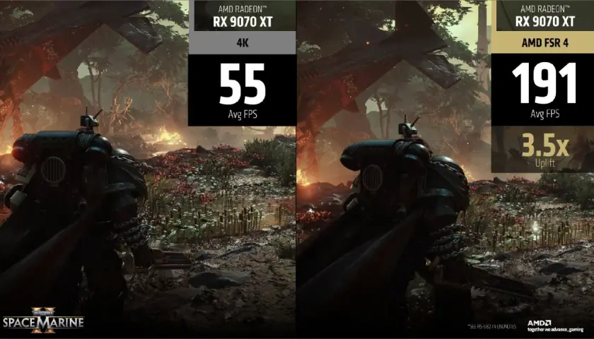 Porównanie wydajności w Space Marine 2: RX 9070 XT bez AMD FSR 4 (55 FPS) vs z AMD FSR 4 (191 FPS).