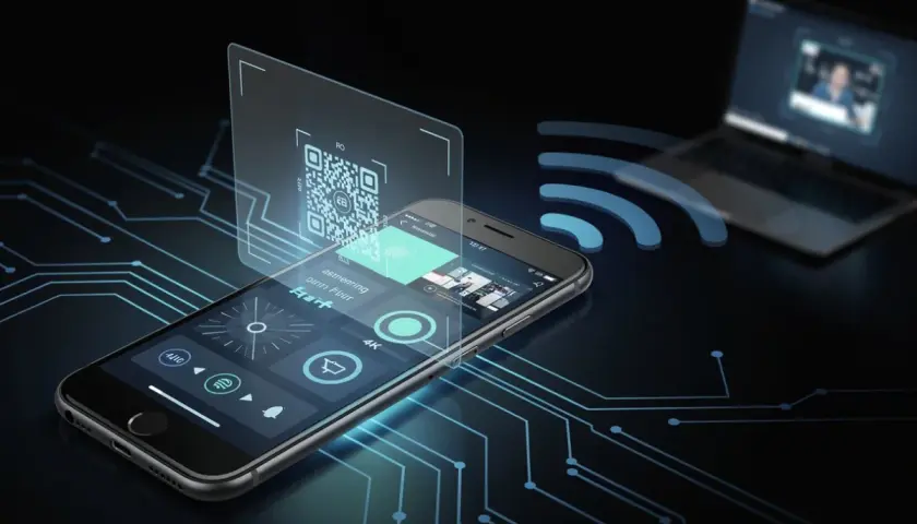 Telefon z kamerą skanuje kod QR, łącząc się bezprzewodowo z laptopem.