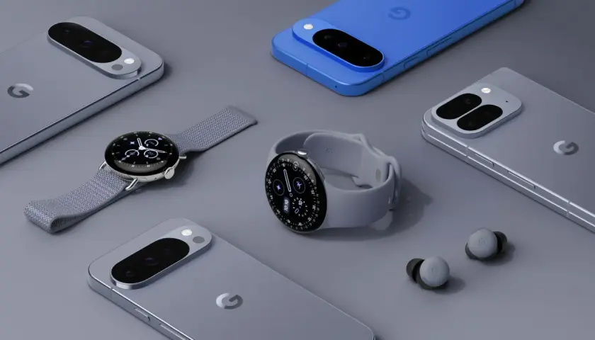 Zestaw urządzeń Google: telefony, smartwatch i słuchawki, napędzane przez potężny procesor Google Tensor.
