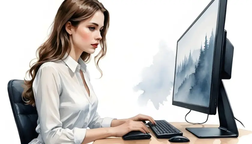 Kobieta pracuje przy komputerze, zastanawiając się nad wyborem: linux czy windows.
