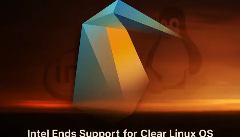 Grafika z logo Intel i pingwinem Tux, symbolizującymi zakończenie wsparcia dla Clear Linux OS.