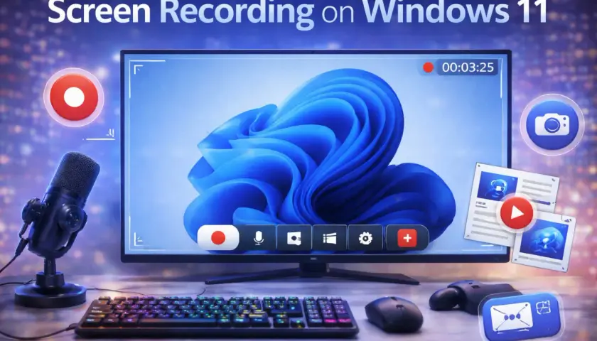 Nagrywanie ekranu Windows 11: monitor z niebieskim motywem, mikrofon, klawiatura, myszka i kontroler. Ikony sugerują funkcje nagrywania.