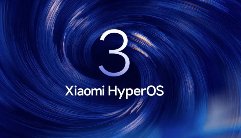 Trójka i logo Xiaomi HyperOS na tle wirującego, niebieskiego wzoru.