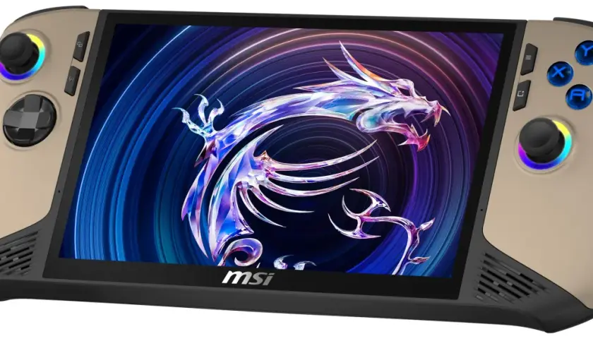 Złoty handheld MSI Claw 8 AI+ z podświetlanymi przyciskami i ekranem z motywem smoka.