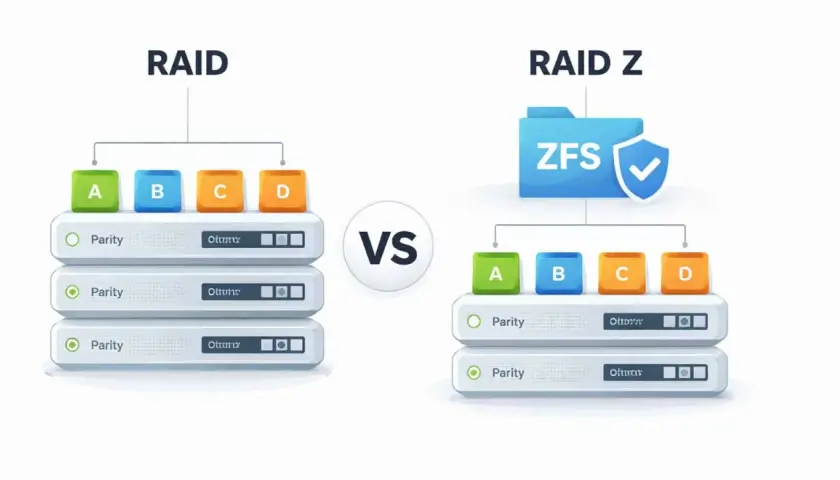 Porównanie RAID i RAID Z. Po lewej RAID z dyskami A, B, C, D i parzystością. Po prawej RAID Z z ZFS, dyskami A, B, C, D i parzystością.
