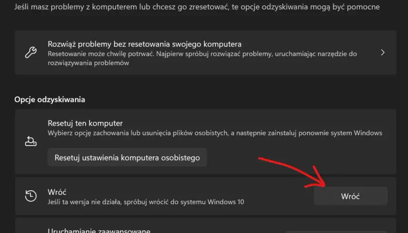 Opcje odzyskiwania systemu Windows 11: resetowanie, powrót do poprzedniej wersji lub zaawansowane uruchamianie. Pomocne, gdy chcesz wiedzieć, jak zainstalować Windows 11 od nowa.