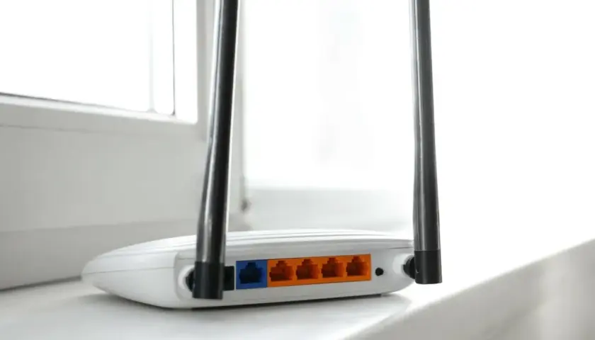 Biały router z dwiema antenkami, pokazujący porty LAN. To urządzenie, które pozwala na połączenie z internetem, czyli co to jest modem.